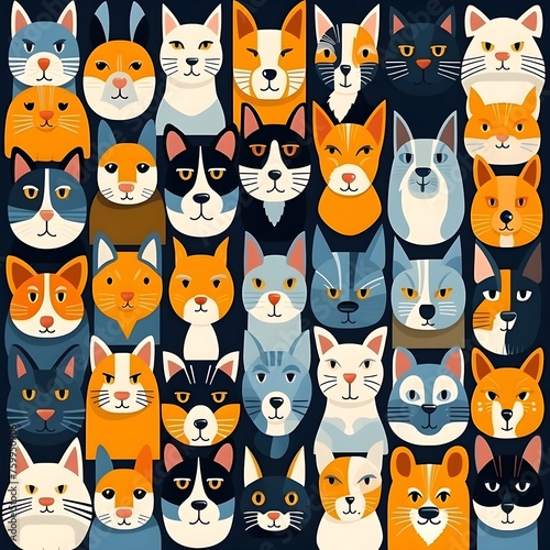 various cats and dogs repeating pattern  appealing colors  flat color tile 