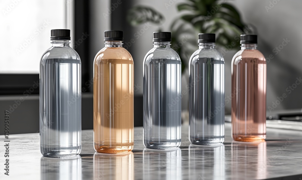 Transparent bottles on a blurred background. Transparent bottles on a blurred background.