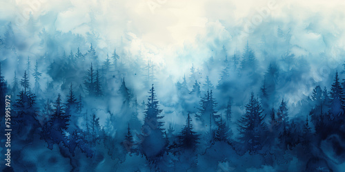 Fog in the forest. Watercolor background. Generative AI