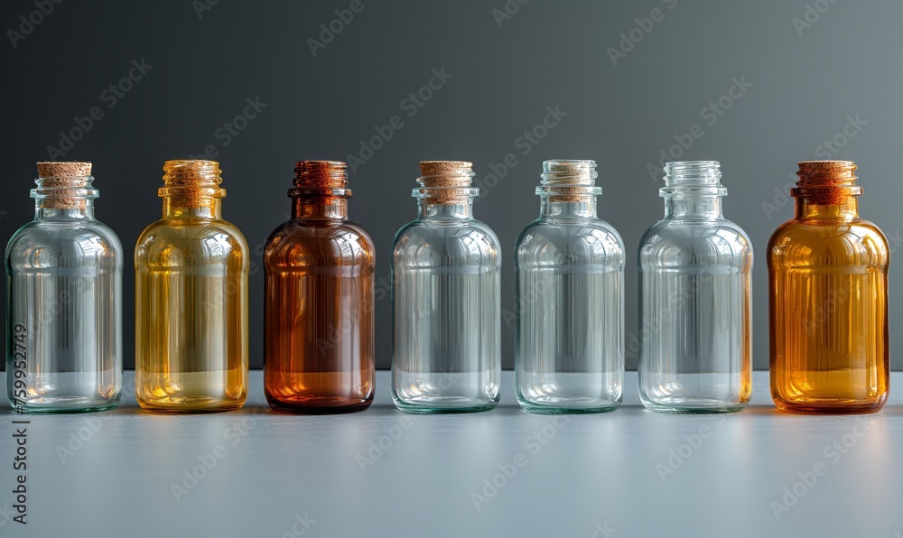 Empty transparent bottles with caps on a dark background.