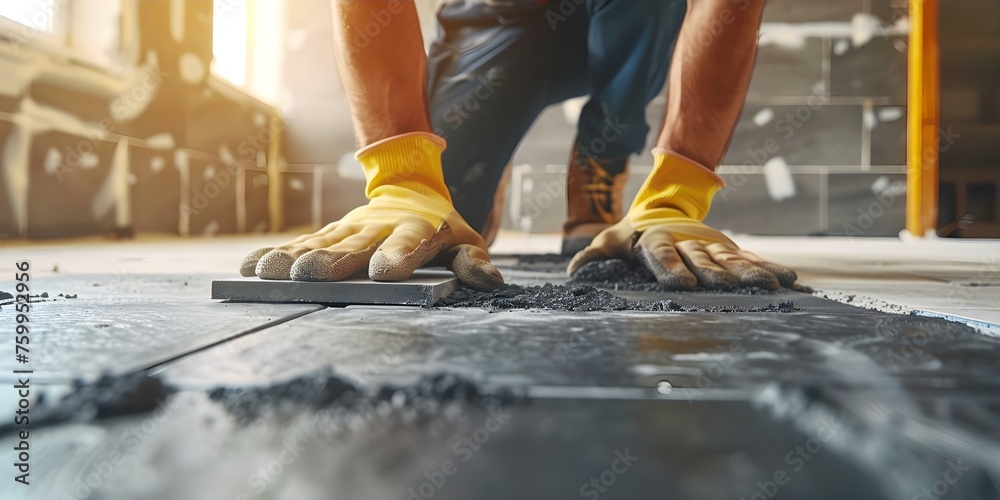 Skilled professional contractor precisely installing floor tiles in a new home. Concept Home renovation, Tile installation, Skilled contractor, Precision work, New construction - obrazy, fototapety, plakaty 