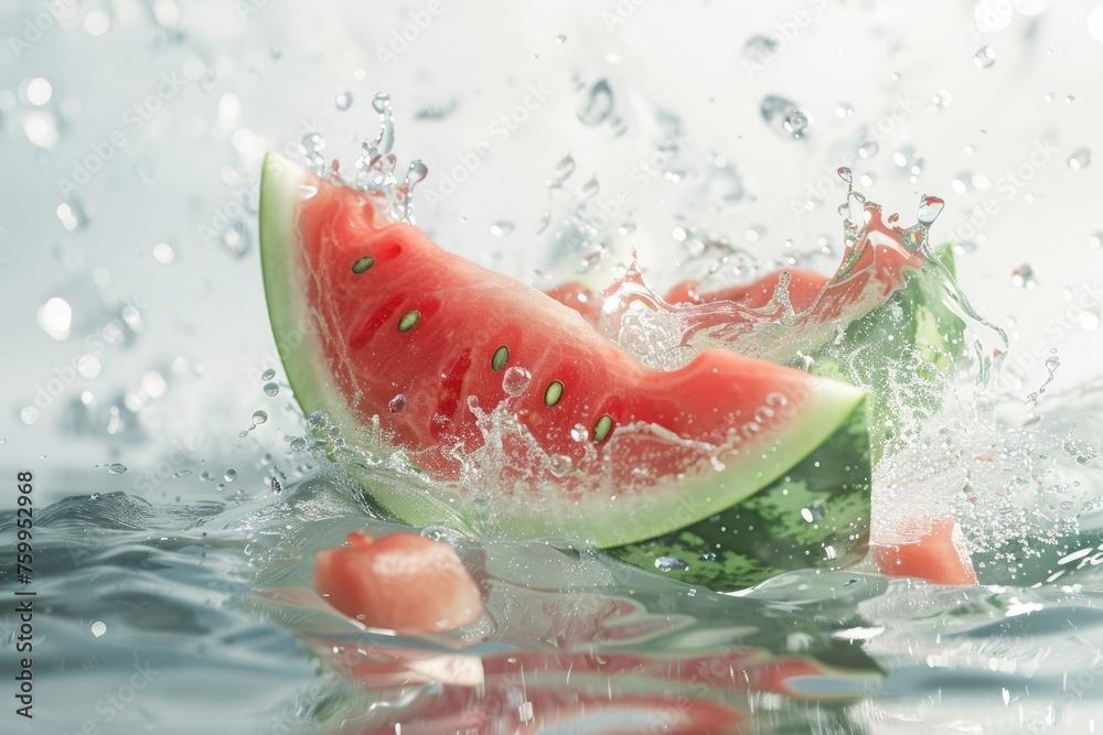 Watermelon falling into the water with a splash on a gray background Watermelon falling into the water with a splash on a gray background