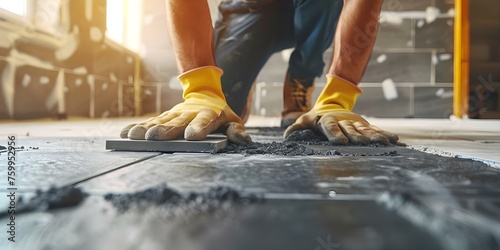 Skilled professional contractor precisely installing floor tiles in a new home. Concept Home renovation, Tile installation, Skilled contractor, Precision work, New construction