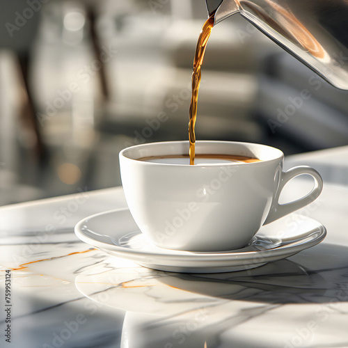 Pouring In Cup Coffee, Elegant White Porcelain Cup With Drink Coffee Or Tea On Marble Table Square Post Format