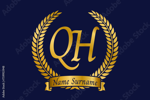 Initial letter Q and H, QH monogram logo design with laurel wreath. Luxury golden calligraphy font.