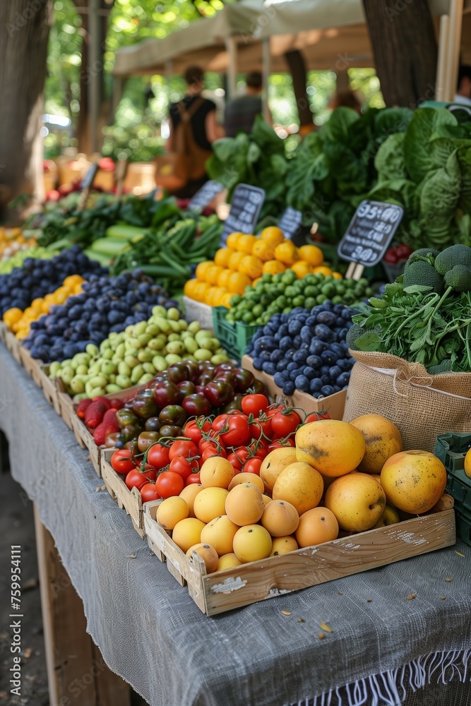 Vibrant farmers' market: Fresh produce, colorful displays, reusable bags, promoting sustainability and wholesome living
