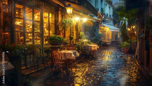 Inviting restaurant setting during a rainy day, providing a cozy refuge from the inclement weather. Seamless Looping 4k Video Animation photo