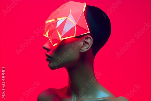 Elegant Woman in Fashionable Red Polygonal Origami Mask Radiating Neon Light