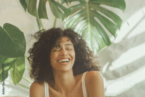 Happy smiling african woman in white interior with plant monstera