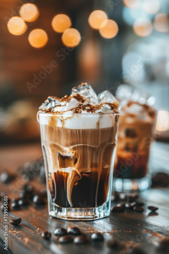 Cold coffee in tall glasses with coffee beans