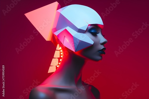 Afrofuturistic African Woman Exuding Style and Innovation in Geometric White Helmet and Vibrant Neon Lighting photo