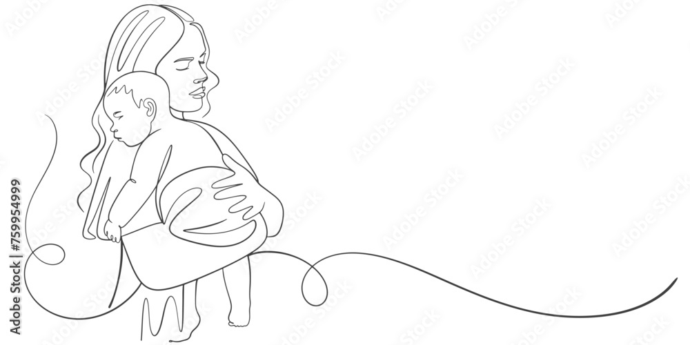Mother and baby line art. Mom hugs child. Motherhood and newborn concept. Happy mother line vector illustration. Parent loving kid, happy mother day design for card Mother and baby line art. Mom hugs child. Motherhood and newborn concept. Happy mother line vector illustration. Parent loving kid, happy mother day design for card
