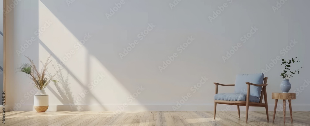 Minimalist interior design with empty white walls and wooden floor, light blue armchair near side table with a vase of a plant, 3D rendering mockup for home decor Minimalist interior design with empty white walls and wooden floor, light blue armchair near side table with a vase of a plant, 3D rendering mockup for home decor