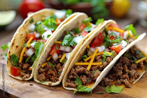 Mexican food - delicious taco shells with ground beef and home made salsa on the table.