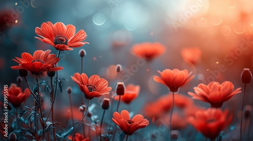 a field of red flowers with a blurry background in the middle of the picture is a blurry image of a field of red flowers with a blurry background in the foreground. © Nadia