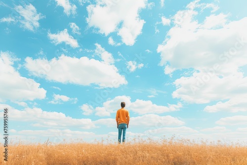 A young man on a field against the sky. Copy space. Landscape. background. © BetterPhoto