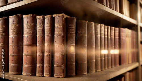 primo piano di antichi libri sugli scaffali di una libreria photo