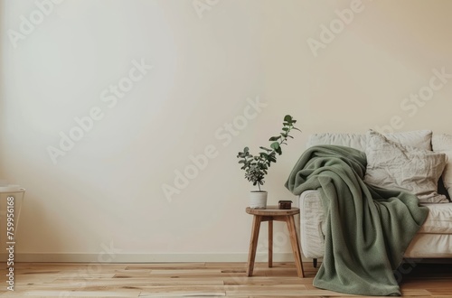 Minimalist living room with a beige sofa and an olive green blanket