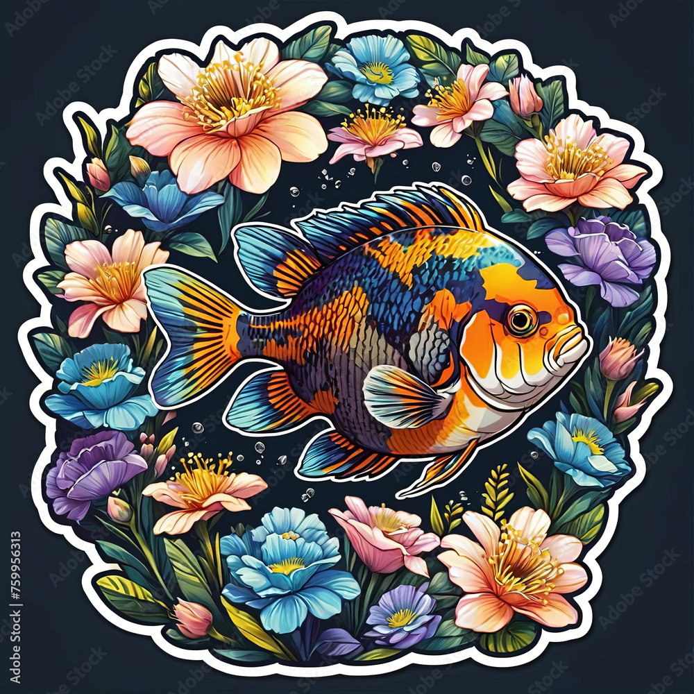 Close-Up Cichlid Fish Floral Sticker on Dark Background Gen AI Close-Up Cichlid Fish Floral Sticker on Dark Background Gen AI