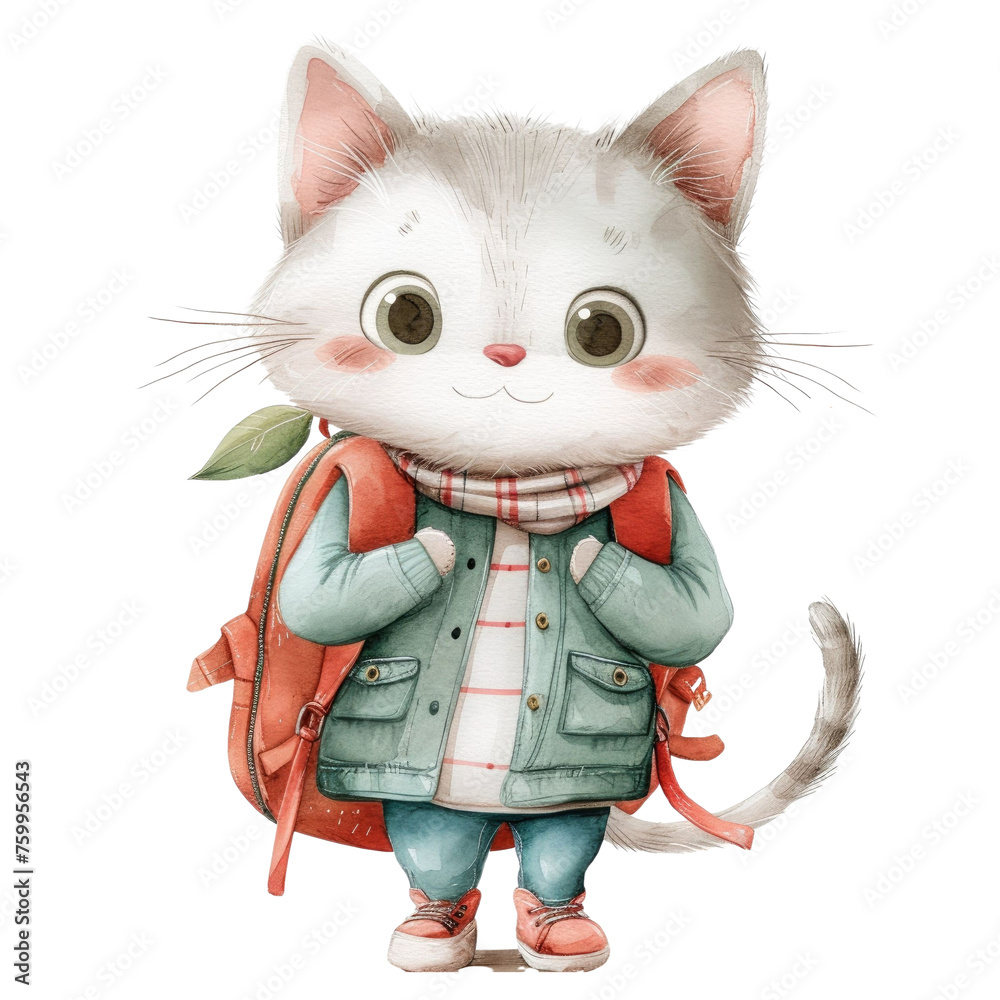 Cute cat student cartoon in watercolor painting style with book and school bag. Vector illustration isolated on the white background
