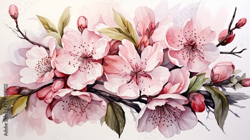 Beautiful Watercolor cherry blossom branch and sakura cherry pink flower illustration isolated on white background © pixeness
