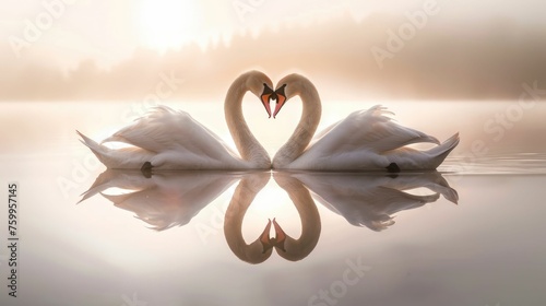 Elegant Swans Forming a Heart Shape on a Misty Lake at Sunrise