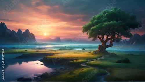 landscape of rivers and mountains at sunset in a fantasy world.