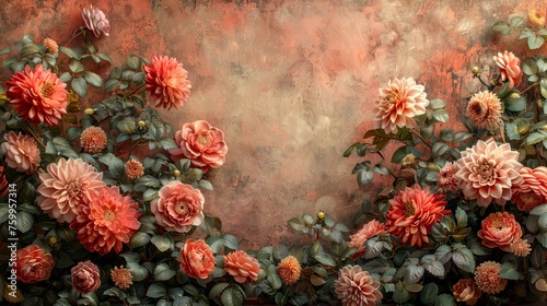 a painting of pink flowers and green leaves on a red and orange background with a white border in the center.