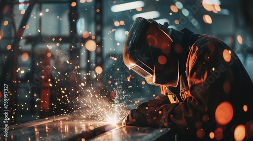 Intense focus on a welder welding steel, showcasing skill and precision, ambient lightingPerfect Golden Ratio