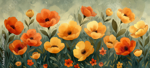 a painting of a field of orange and yellow flowers with green leaves and red and yellow flowers in the foreground.