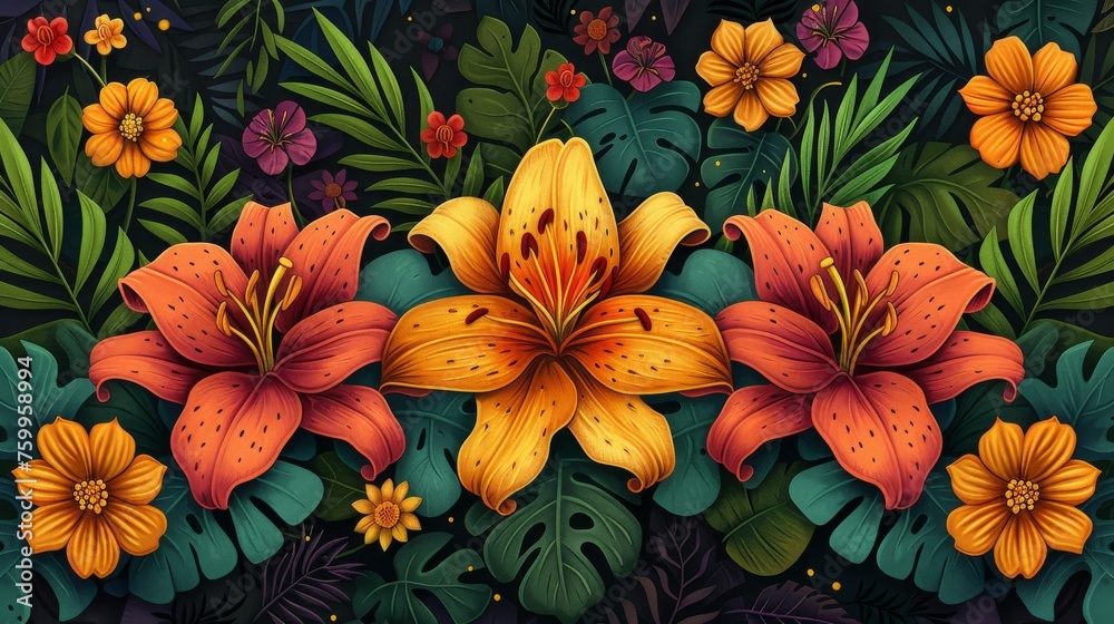 a painting of flowers and leaves on a black background with orange, yellow, red, and pink flowers and green leaves.