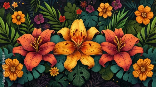 a painting of flowers and leaves on a black background with orange  yellow  red  and pink flowers and green leaves.