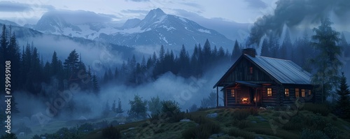 Secluded log cabin with a lit fireplace amidst forested mountains, enveloped in mist.