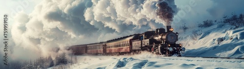 Vintage steam locomotive chugging through a snowy landscape with billowing clouds of steam.