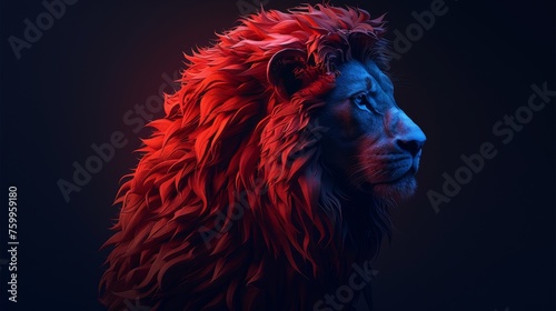 a close up of a lion s head with red and blue light coming out of it s eyes.