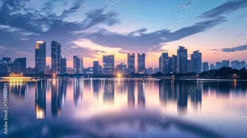 Skyline of modern skyscrapers in a city during sunset with reflection on water.