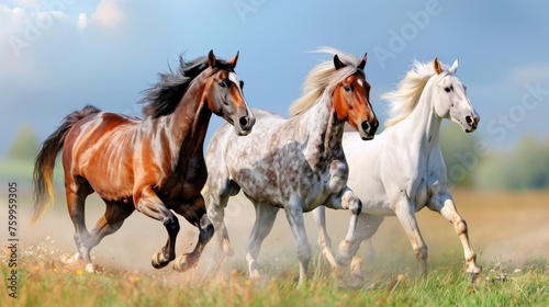 Herd of horses galloping freely across a field with a clear blue sky overhead.