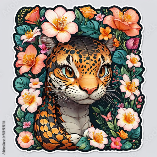 Close-Up Cobra with Floral Sticker on Dark Background Gen AI photo