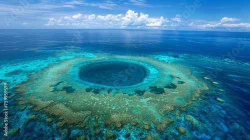 Aerial view of a large circular coral formation in the blue ocean, known as the Great Blue Hole. photo