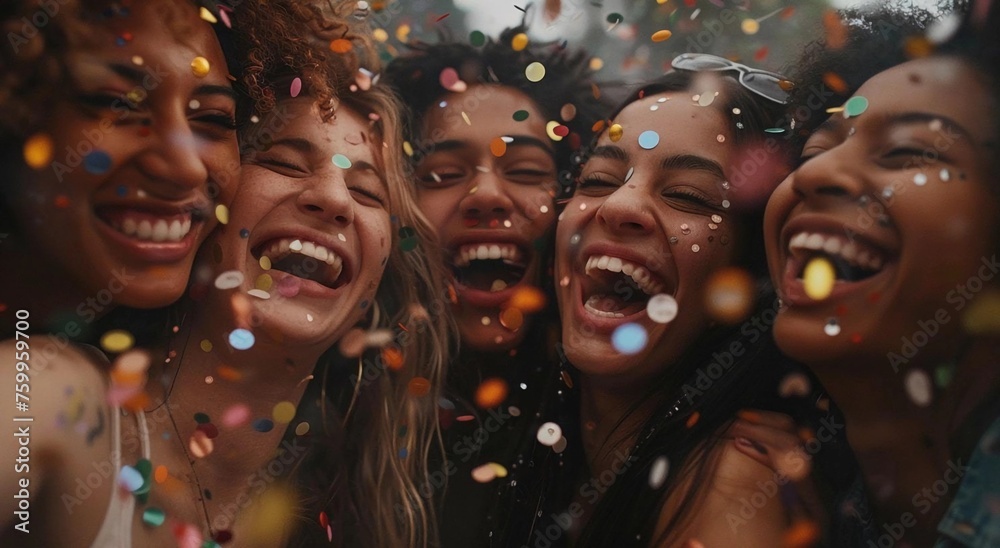 Cover with girls on holiday background. Open space. Confetti, holiday, party. Bright emotions, colors, joy. Concept of celebration, fair. Cover with girls on holiday background. Open space. Confetti, holiday, party. Bright emotions, colors, joy. Concept of celebration, fair.