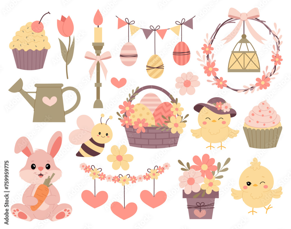 Spring. Set of Easter vector illustrations. Easter and spring decor in flat style. Easter basket, chicken, wreath, candle, garland and more on a white background. Spring. Set of Easter vector illustrations. Easter and spring decor in flat style. Easter basket, chicken, wreath, candle, garland and more on a white background.