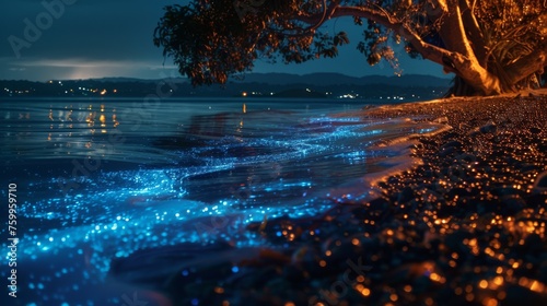 Bioluminescent tide on a beach at night with glowing blue light in the water under a tree. photo