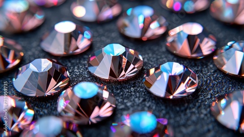 a group of different colored diamonds sitting on top of a black surface with one diamond in the middle of the picture.