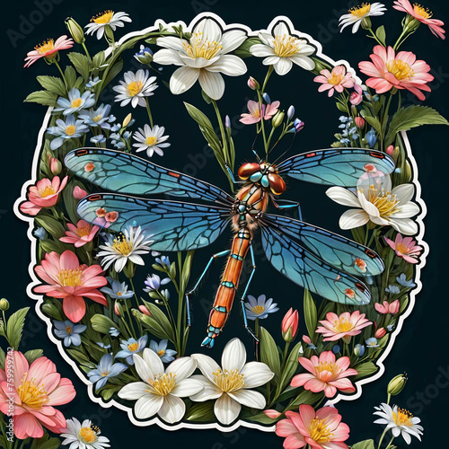 Detailed Damselfly and Flowers Sticker on Dark Background Gen AI photo