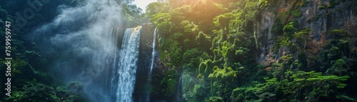 Panoramic view of a majestic waterfall amidst a lush tropical forest bathed in sunlight.