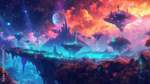 Vibrant floating islands with lush, colorful trees defy gravity in an otherworldly cosmic space, creating a scene from a fantastical dream. Resplendent. © Summit Art Creations