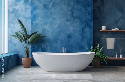 Modern bathroom with a freestanding bathtub  grey walls and a blue accent