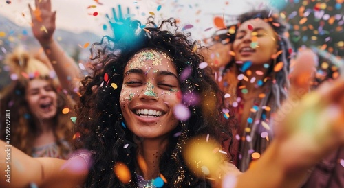 Cover with a girl in the background of the celebration. Open space. Confetti, holiday, party. Bright emotions, colors, joy. Concept of celebration, fair.