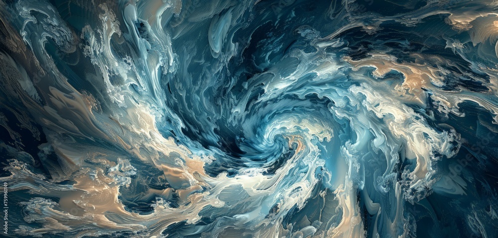 A painting featuring a swirling pattern in shades of blue and white. A painting featuring a swirling pattern in shades of blue and white.