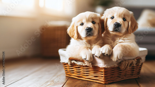 Two adorable puppies sit side by side on a paved pathway, their faces playfully obscured by beige censor bars